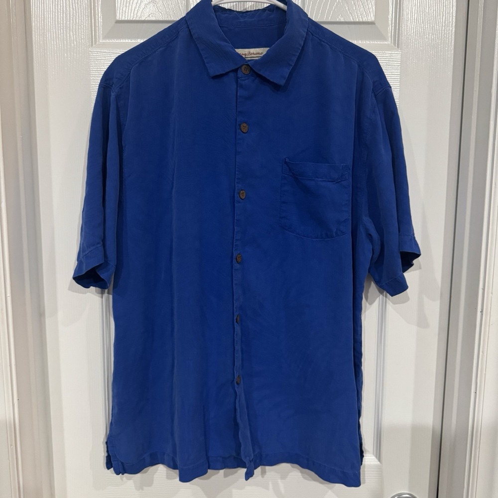 Tommy‎ Bahama 100% Silk Shirt Men's L Blue Short Sleeve Button Up